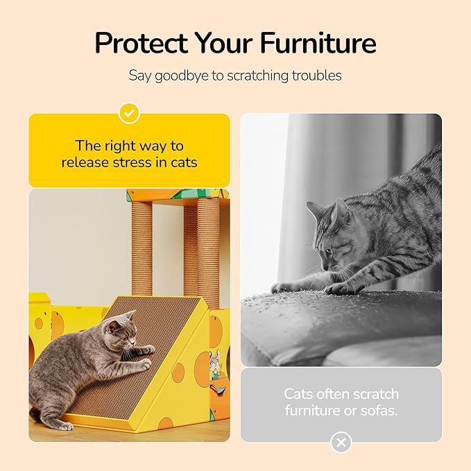 PalNests DIY Cat Tree, Multi-Level Cat Tower with Scratching Posts, Scratching Board, Tunnel & Playhouse for Kittens & Multiple Cats, Recyclable Cardboard, 48.8"×25"×40.2", Yellow Mouse