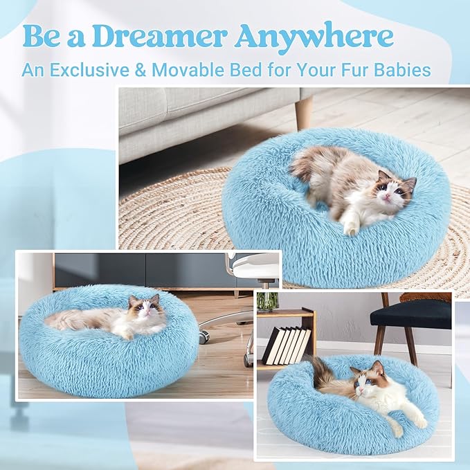 rabbitgoo Cat Beds for Indoor Cats, 20 inches Cat Bed Machine Washable, Fluffy Round Pet Bed Non-Slip, Calming Soft Plush Donut Cuddler Cushion Self Warming for Small Dogs Kittens, Light Blue, Medium