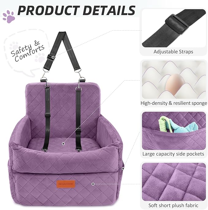 Small Dog Car Seat, Memory Foam Dog Booster Seats with Thick Cushion for Medium Dogs Under 35lbs, Detachable Washable Pet Car Seat Bed with Storage Pockets,2 Safety Belts Purple
