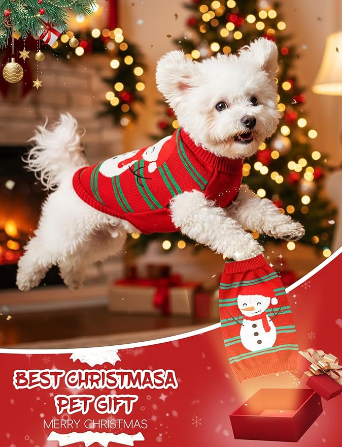 2PCS Dog Christmas Sweater, Soft Warm Pet Clothes Coat for Small Medium Large Dogs and Cats Boy Girl, Fall Cozy Holiday Turtleneck Knitting Collar Pullover Pup Outfit Costume for Thanksgiving New Year