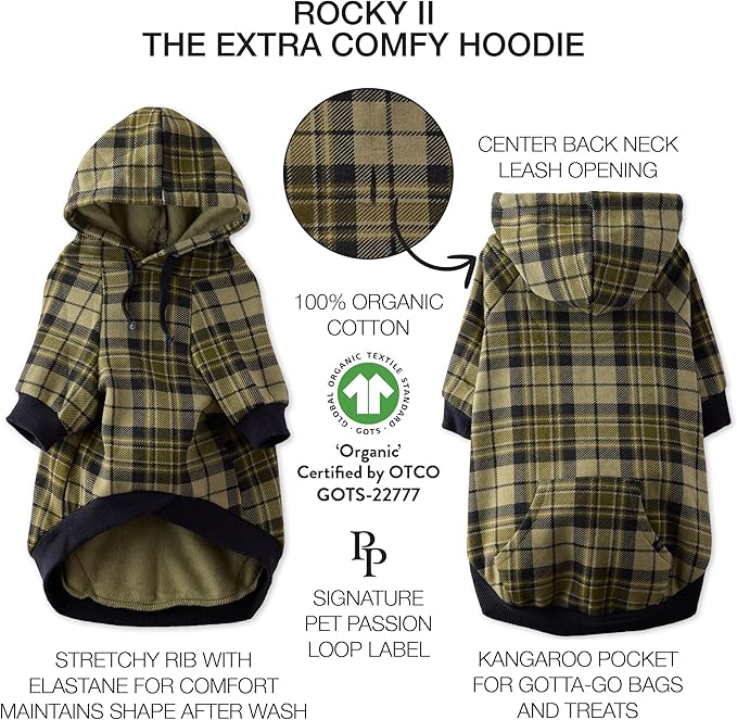 Rocky II - The Extra Comfy Hoodie, Organic Cotton and Recycled Poly Dog Hoodie Pet Coat Sweater for Small, Medium, Large Dogs, Olive Chesterfield Plaid, X-Large