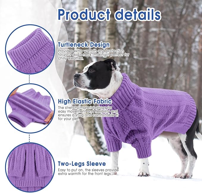 Queenmore Dog Sweater Large Size Dog, Large Pet Sweater Xmas,Turtleneck Pullover Dogs Sweaters for Dogs Girls Boys,Sweater Pet L,Thanksgiving Knitted Pet Sweater for French Bulldog(Purple,L)