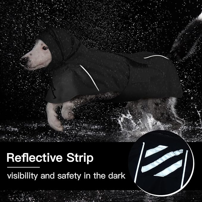 Dog Raincoat Waterproof , Reflective Adjustable Rain Jacket with Leash Hole, Convertible Hood/Collar Rain Coat for Dogs Poncho Breathable Lightweight (Black, XL)
