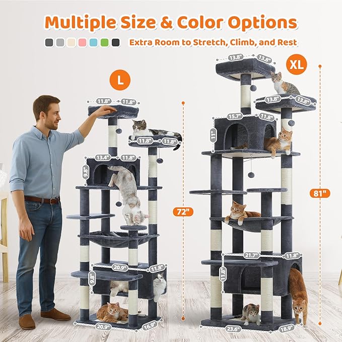 PAWZ Road Heavy Duty Cat Tree for Large Cats, 81 Inches Tall Cat Tower with 2 Perches, 2 Condos and Spacious Hammock, XL Extra Large Condo with 7 Scratching Posts for 20lb+ Adult Cats, Dark Gray