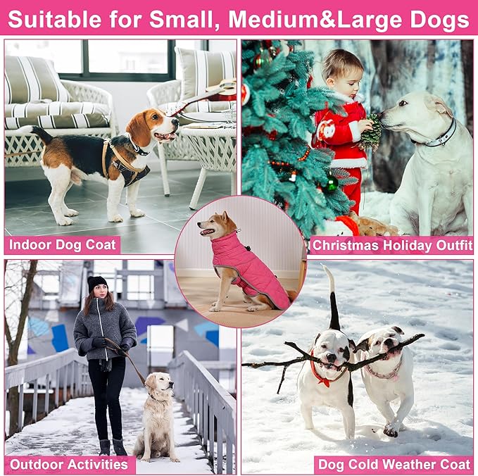 Dog Winter Coat with Harness, Reflective Windproof&Waterproof Fleece Jacket for Cold Weather, Dog Pullover Jumpsuit Snowsuit for Small Medium Large Dogs, Pink 2XL