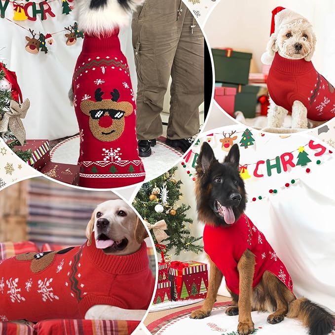 Christmas Dog Sweater XXL, Red Warm Knit Sweater with Leash Hole, Turtleneck Pet Sweaters for Large Dogs Male Female, Fall Winter Sweaters Holiday Reindeer Snowflake, 2XL