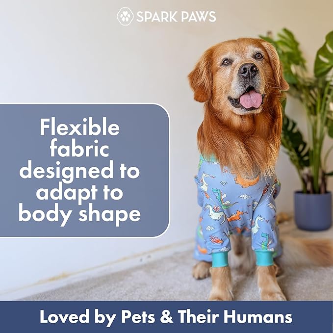 Spark Paws Dog Pajama, Dog Recovery Suit Male, Onesie, Ultra-Soft and 4-Way Stretch, for Small Medium and Large Breeds - Dragons - 2XL