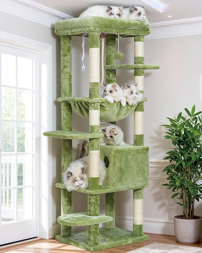 Heybly Cat Tree for Large Cats 20lbs Heavy Duty,60 inches XXL Cat Tower for Indoor Cats, Multi-Level Furniture Condo with Big Padded Plush Perch, Cozy Basket, Green HCT050GR