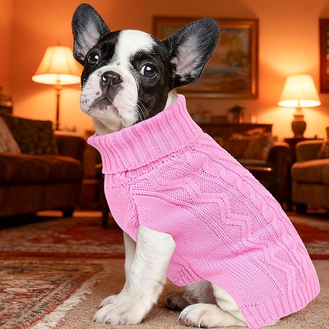 Dog Sweaters for Small Dogs Warm Dog Clothes Winter Chihuahua Clothes Girl Boy Puppy Sweater Cable Knitted Doggy Coat Soft Mini Dachshund Sweater with Turtleneck Pullover Design(Pink, X-Large)