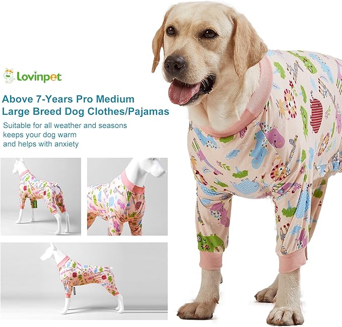 LovinPet Large Dog Pajamas, Pajamas for Large Dogs, Slim Fit, Lightweight Pullover Dog PJ's, Full Coverage, Animals Allover Pink Print, Pitbull Onesie, L