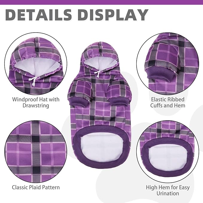KOOLTAIL Plaid Dog Hoodie for Small Medium Large Dogs - Pet Clothes Sweater with Hat and Pocket for Cold Weather Winter, Warm Soft Dog Hooded Sweatshirt Coat Outfit for Puppy Cats Girls Boys Purple M