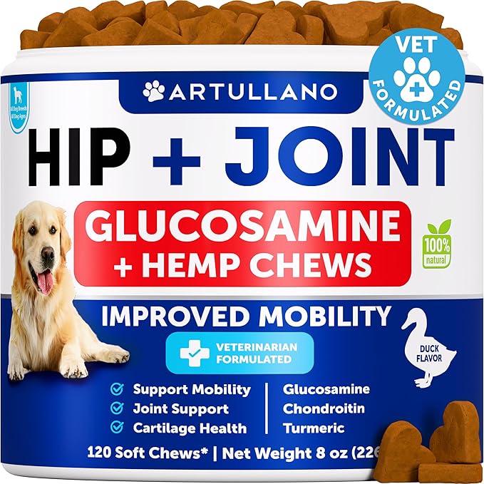 Hemp Hip and Joint Supplement for Dogs - Glucosamine for Dogs Joint Pain Relief - Chews with Chondroitin, MSM, Hemp Oil - Mobility Support, Cartilage Health - For Large, Small breeds - 120 Soft Treats