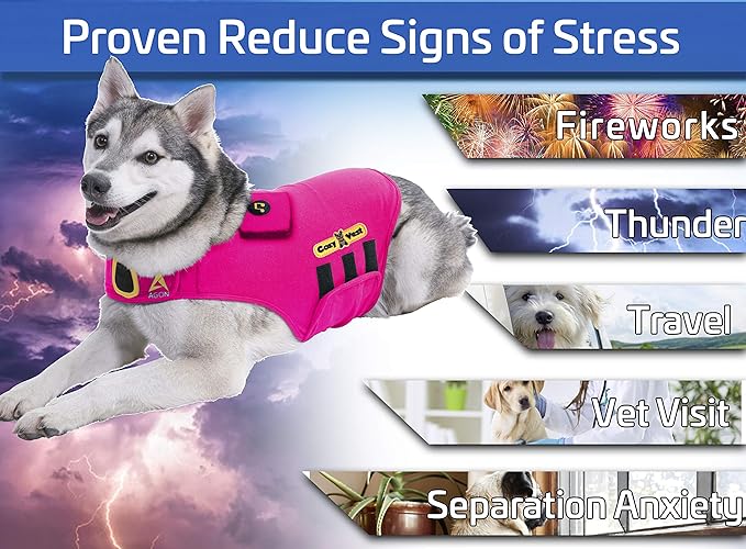 CozyVest 3-in-1 Anxiety Vest Music & Aromatherapy Dog Coat Relaxing Sound & Essential Oil Scent Canine Stress Relief Fireworks Thunder Separation Shirt Jacket Thunderstorm(Pink, XL [65-110 Lbs])
