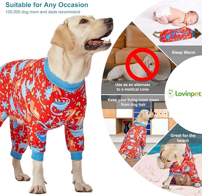 LovinPet Pitbull Dog Pajamas, Large Dog Onesies for Surgery Care, Lightweight Stretchy Knit Fabric, Dinosaur Jungle Red Print, Pet Clothes, UV Protection, Pet Anxiety Relief, PJ's for Dogs, 2XL