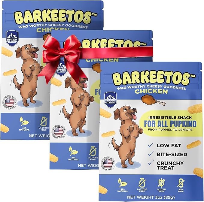 Barkeetos Dog Treats, Crunchy and Cheesy Pet Snacks Made with Real Himalayan Cheese & Chicken, Gluten Free, Grain Free, Lactose Free, Natural Dog Food for All Breeds and Sizes - 3 Pack