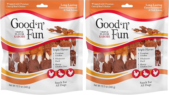 Good'n'Fun Triple Flavored Rawhide Kabobs for Dogs, Treat Your Dog 12-Ounce | 18 Count (Pack of 2)
