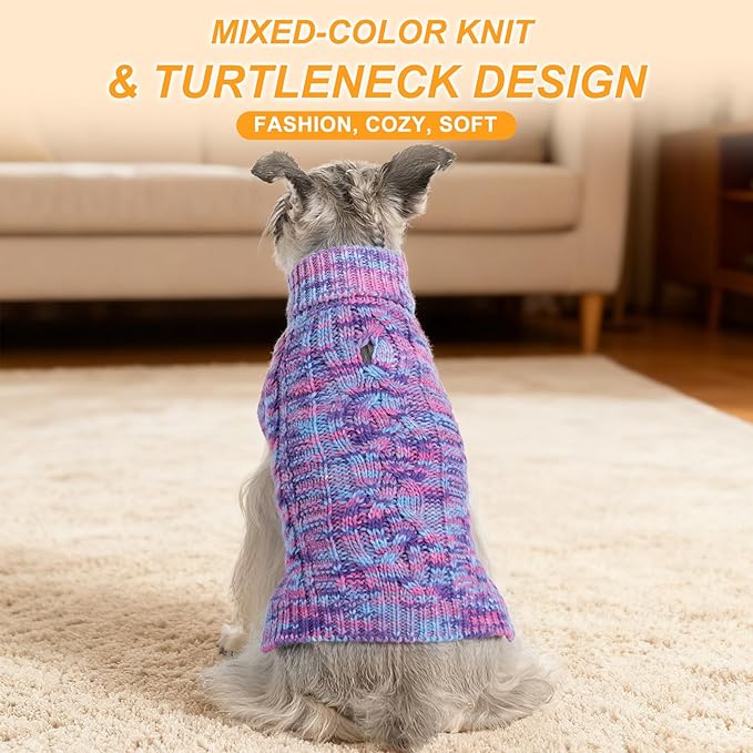 BEAUTYZOO Small Dog Sweater -Turtleneck Pullover Classic Cable Knit Fuzzy Winter Coat Dog Cold Weather Clothes for Small Medium Dogs Puppy Girl Boys(Multi-Purple, S)