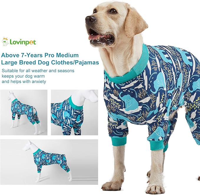 LovinPet Large Dog Clothes, Pet Anxiety Relief, UV Protection, Large Breed Dog Pajamas, Lightweight Stretchy Knit Fabric Onesie, Blue Elephant Print Weimaraner Jammies, Pet PJ's/XL
