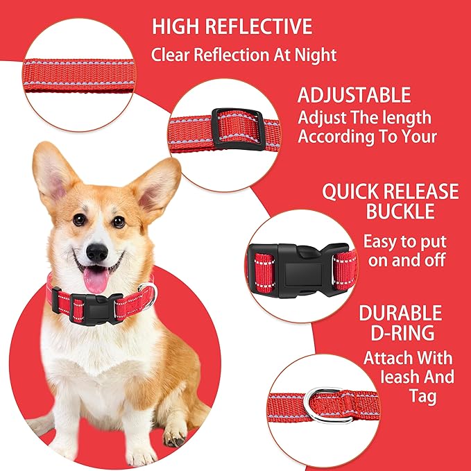 Reflective Dog Collar with Safety Locking Buckle, Adjustable Soft Breathable Nylon Collars for Small, Medium and Large Dogs(Collar+Leash S Width 5/8" Red)