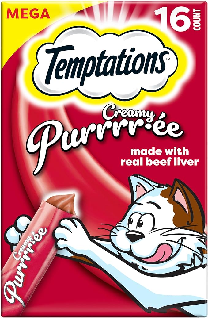 Temptations Creamy Puree Squeezable Lickable Wet Cat Treats with Beef Liver, 0.42 oz. Tubes, 16 Count