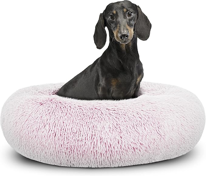 The Dog’s Bed Sound Sleep Original Calming Dog & Cat Bed, Anti-Anxiety Rose Pink Fur Donut Nest Snuggler, with Removable Cover, Veterinary Approved