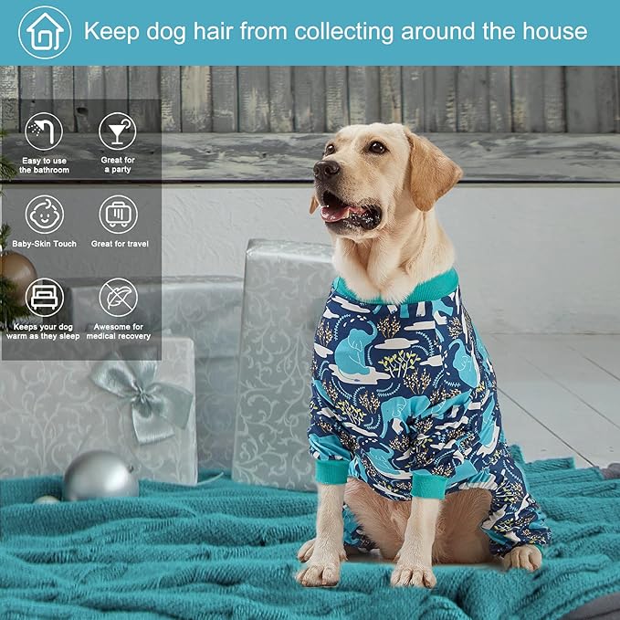 LovinPet Large Dog Clothes, Pet Anxiety Relief, UV Protection, Large Breed Dog Pajamas, Lightweight Stretchy Knit Fabric Onesie, Blue Elephant Print Weimaraner Jammies, Pet PJ's/XL