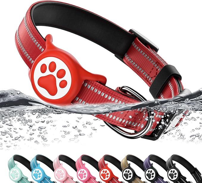 Premium Airtag Dog Collar，with IP68 Waterproof AirTag Holder,Red,M | Soft,Breathable,Nylon Padded,Reflective,Ultra-Durable Buckle,Adjustable,Comfortable for Small Medium Large Dogs