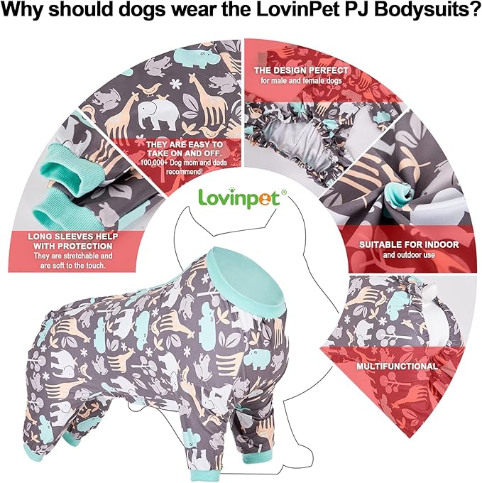 LovinPet Pitbull Pajamas, Hippos Zoo Cozy Dog Pajamas, Slim fit, Lightweight Pullover Clothes/Full Coverage Dog pjs/Back Snap Button is only Decoration/Large