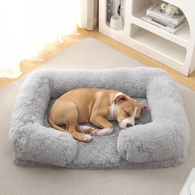 CareCooo Orthopedic Dog Bed for XL Dogs - Washable Memory Foam Pet Sofa, Fluffy Plush Rectangular Bed, Waterproof Anti-Anxiety Couch, Light Gray, XL