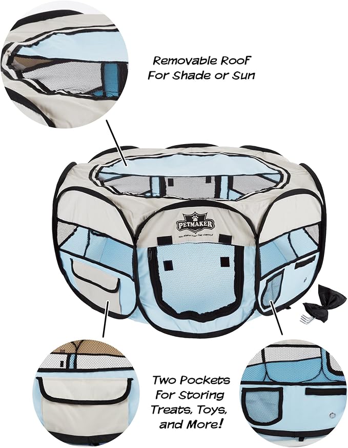Pet Playpen - 33x15 Pop-Up Dog Kennel with Carry Bag - Portable Play Pen for Dogs, Cats, Rabbits, and Small Animals up to 25lbs by PETMAKER (Blue)