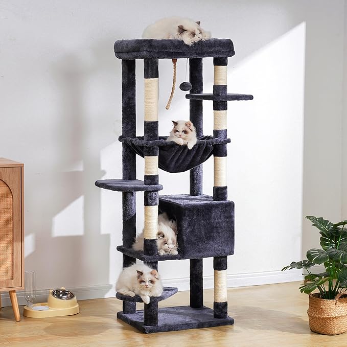 Heybly Cat Tree for Large Cats 20lbs Heavy Duty, 60 inches XXL Cat Tower for Indoor Cats, Multi-Level Furniture Condo with Big Padded Plush Perch, Cozy Basket, Smoky Gray HCT050G