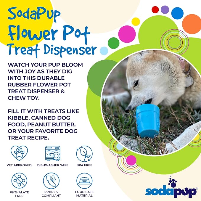 SodaPup Flower Pot – Durable Dog Treat Dispenser & Chew Toy Made in USA from Non-Toxic, Pet Safe, Food Safe Rubber Material for Mental Stimulation, Problem Chewing, Calming Nerves, & More