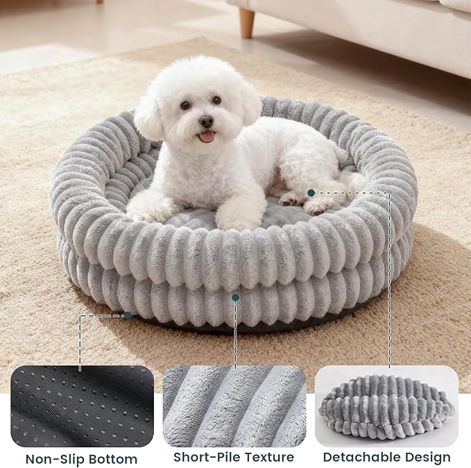 Petinstinct Cat Beds for Indoor Cats, Machine Washable Orthopedic Donut Dog Bed for Small Dogs, Fluffy Round Pet Bed with Anti-Slip Bottom for Puppy and Kitten, Gray, 20"x20"x6.5"