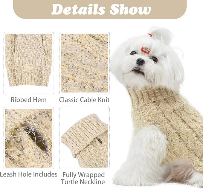 Turtleneck Small Dog Sweaters - Classic Cable Knitwear Winter Coat for Small Medium Dogs Male Female Puppy Dog Cold Weather Clothes Girls Boys, Cream, XS