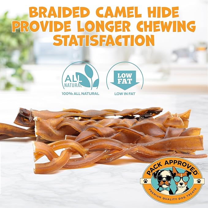 6" Braided Camel Sticks - Long Lasting Dog Chews for Aggressive Chewers - Rawhide Alternative, Grain Free, One Ingredient Treats - Great for Dog Dental Care - (10 Pack)