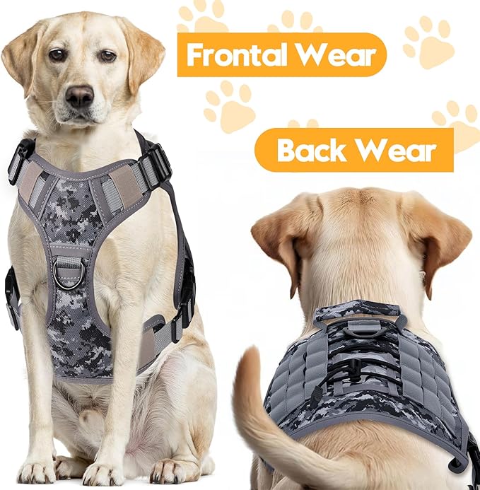 Heavy-Duty Tactical Dog Harness for Large Dogs, No Pull Adjustable Reflective Pet Vest with Molle System, K9 Military-Grade Control for Service Training, Outdoor & 10+ Breeds, Gray Camo, Large