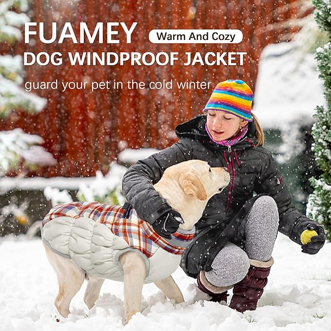 FUAMEY Dog Coat for Medium Dogs,Waterproof Dog Winter Jacket with Harness Built in Puppy Cold Weather Coats Reflective Pet Vest with Zipper Warm Fleece Dogs Snowsuit Windproof Red Plaid M