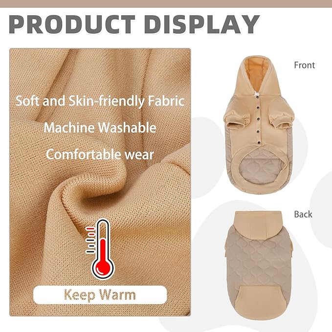 KOOLTAIL Warm Dog Winter Coat for Small Dogs, Waterproof Puppy Jacket with Leash Hole, Cold Weather Pet Vest for Winter, Soft Pet Hoodie Sweater Sweatshirt Clothes for Puppy Cats Girls Boys Beige M