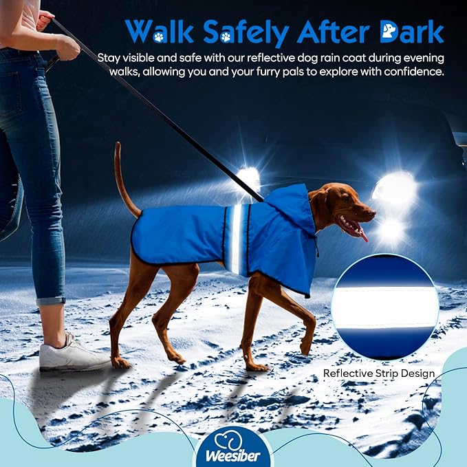 Weesiber Dog Raincoat, Adjustable Dog Rain Jacket Hooded Poncho Slicker, Reflective Pet Rain Coat for Walking (L, Blue)