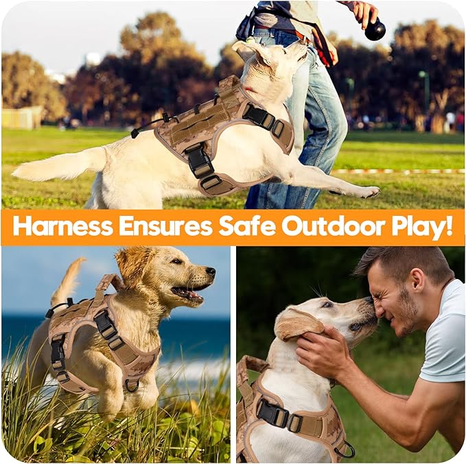 Heavy-Duty Tactical Dog Harness for Large Dogs, No Pull Adjustable Reflective Pet Vest with Molle System, K9 Military-Grade Control for Service Training, Outdoor & 10+ Breeds, Khaki Camo, Small