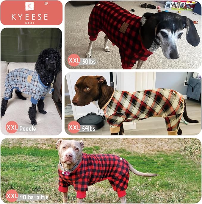 KYEESE Dog Pajamas Large Sized Dog Velvet Pjs Soft Pet Clothes Comfy Coat Stretchy Onesie Plaid Doggie Jammies, Grey, XXXL