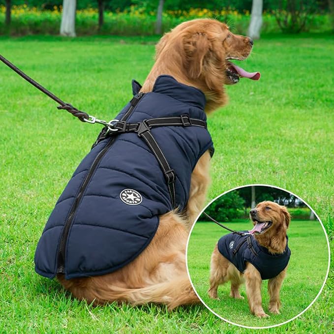 Aiboria Dog Jackets for Winter Windproof Waterproof 2 in 1 Outfit Cold Weather Coat Dog Vest Harness Puppy Winter Warm Jacket Blue XXL