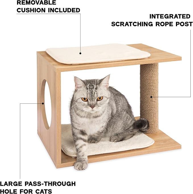 VICTORY RELAX Modern Cat Tree & Condo - Natural Wooden Cat House Indoor with Cozy Kitten Bed, Elevated Perch & Integrated Scratching Post - Stylish Cat Furniture (18.3" D x 14.6" W x 14.6" H)