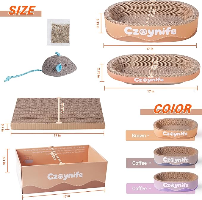 Czoynife 3PCS Cat Scratcher Cardboard, Oval Cat Scratch Pad Bowl Nest for Indoor Cats, Round Cat Scratching Board Corrugated Lounge Cat Bed, Furniture Protector for Couch (Brown, 17 * 11.5 in)