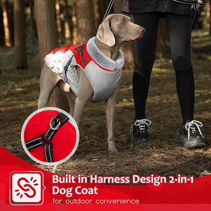 Dog Winter Coat with Harness, Dog Jacket, Pet Clothes with Zipper on Back, Waterproof Windproof Warm Vest, Reflective Cold Weather Coats, for Small Medium Large Dogs, Thick, Red, S