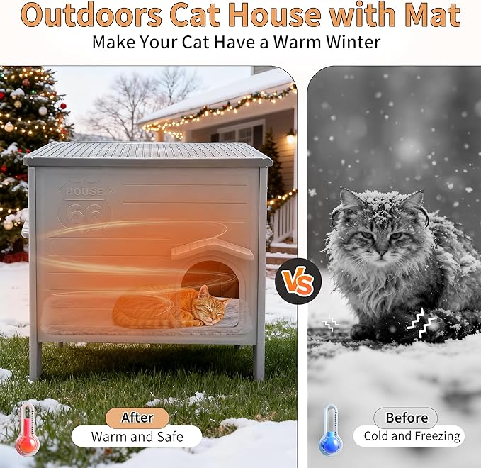 Cat House Outside with Soft Mat for Winter，Plastic Cat House Waterproof for Outdoor, Feral Cat Shelter with Escape Door, Easy to Assemble Easy to Clean