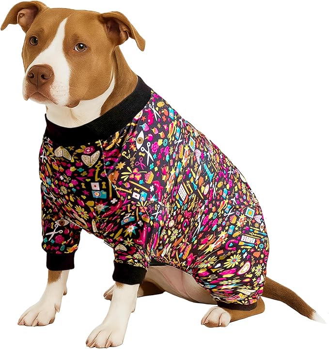 LovinPet Pet Pajamas for Pit Bulls, Full Coverage Dog Pjs with Black Trim, Decoupage Ink Print, Post Surgery Shirt, UV Protection, Pet Anxiety Relief Shirt, Large Dog Jammies, Pitbull Clothes, 2XL