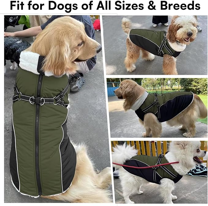 Queenmore XXL Dog Jacket with Harness Built-in, Winter Coat for Large Sized Dogs, Warm Puffer Jacket, Cold Weather Outdoor Snow Parka Coat - Fleece Lined Waterproof High-Vis Easy On Green/Black