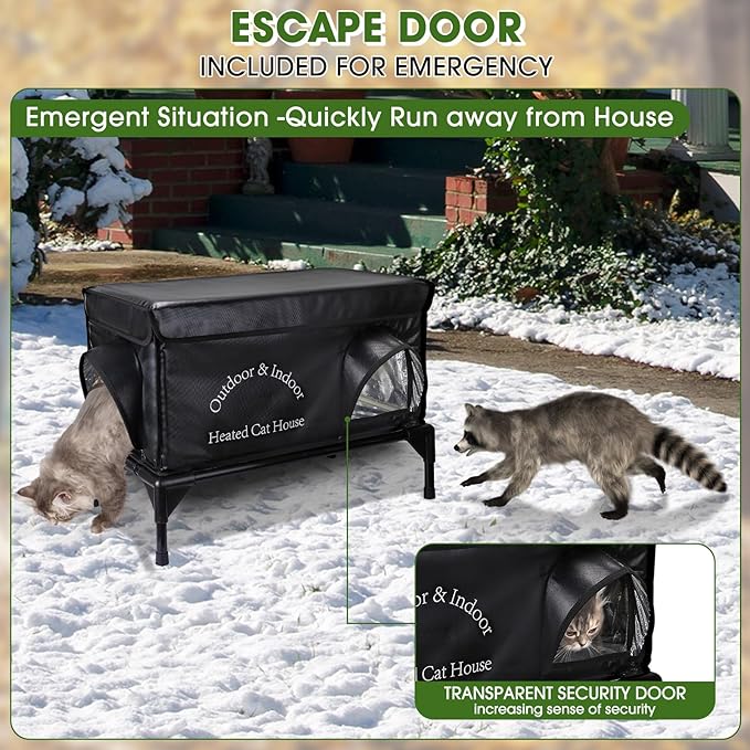 Yeatruojeet Heated Cat House for Outside Cat in Winter, Insulated Outdoor Feral Cat Shelter with Cat Heating Pad, 2 Doors,Elevated Waterproof Heated Kitty House (Black, 25"x13.7"x18")