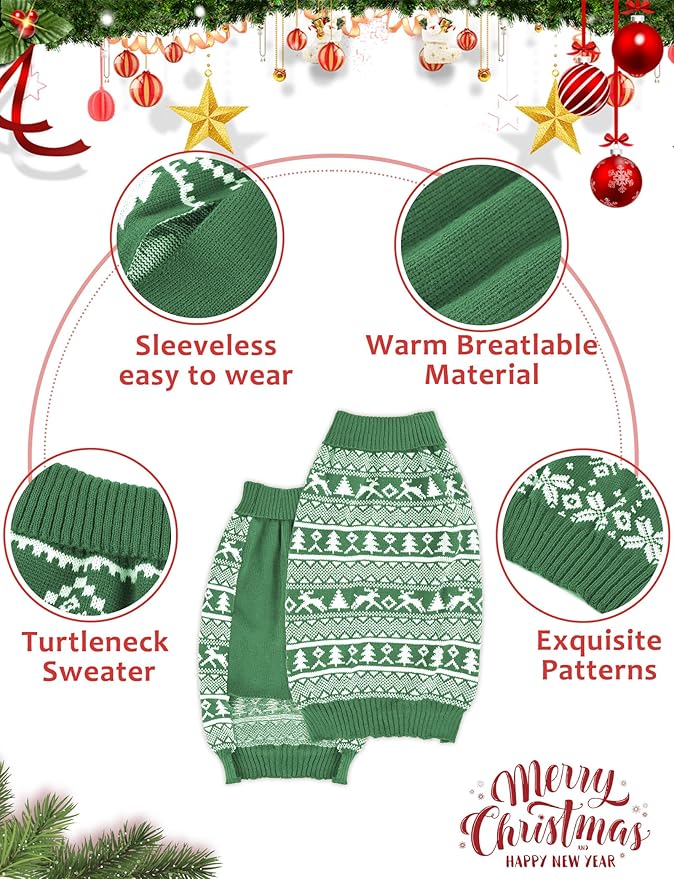 2PCS Dog Christmas Sweater, Soft Warm Pet Clothes Coat for Small Medium Large Dogs and Cats Boy Girl, Fall Cozy Holiday Turtleneck Knitting Collar Pullover Pup Outfit Costume for Thanksgiving New Year